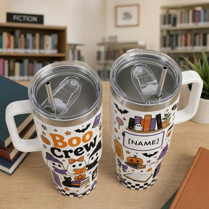 Personalized Boo Crew Book Lover Halloween 40oz Tumbler with Handle - Custom Name Ghost Reading Travel Mug