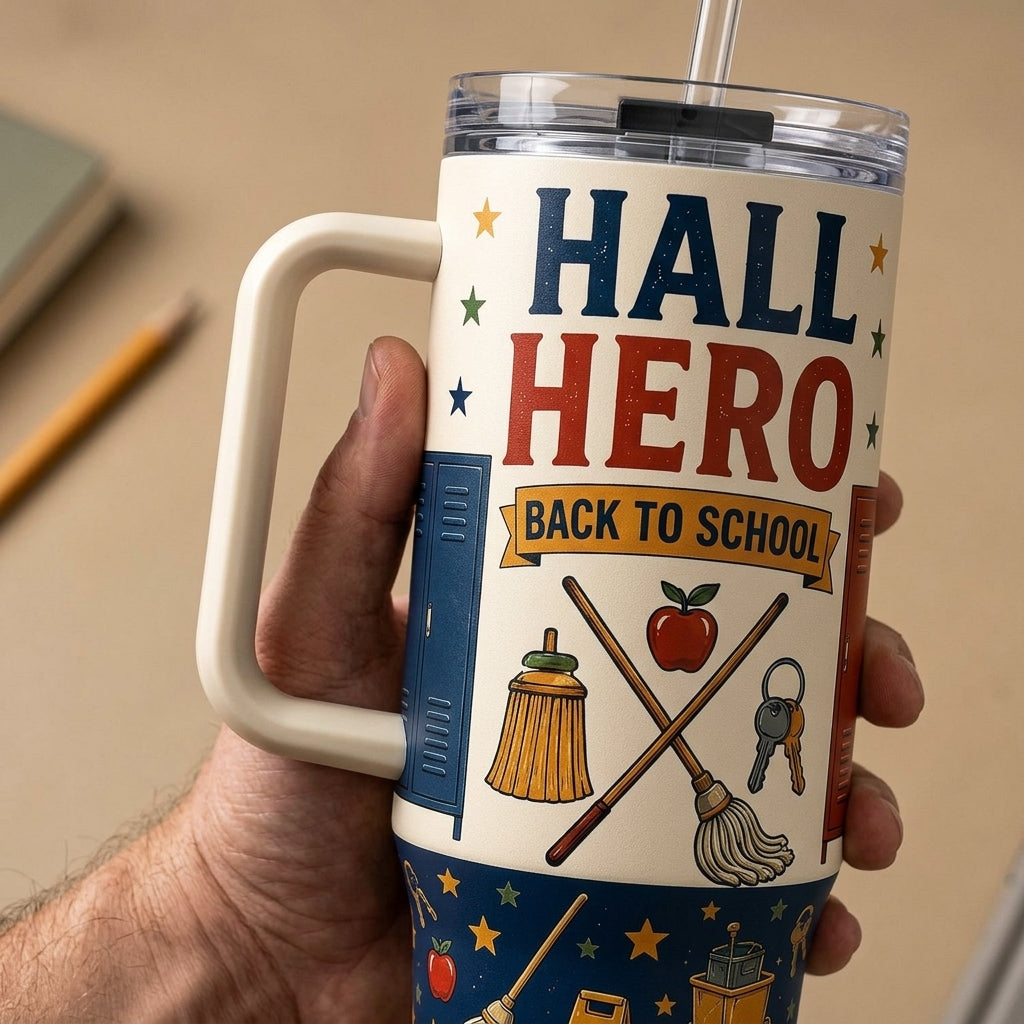 Personalized Hall Hero 40oz Tumbler with Handle, Custom Name School Custodian and Staff Gift