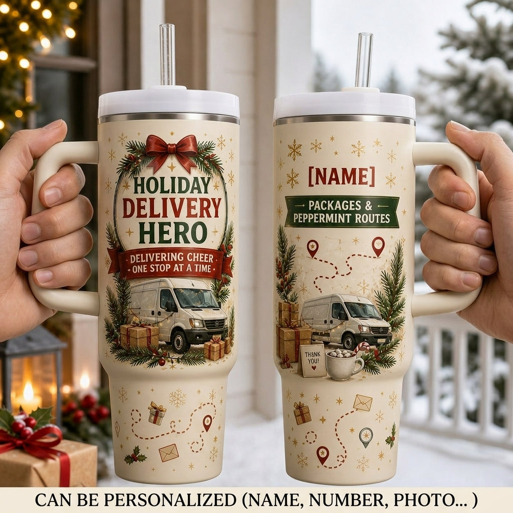 Personalized Holiday Delivery Hero 40oz Tumbler with Handle - Custom Name Christmas Gift for Drivers