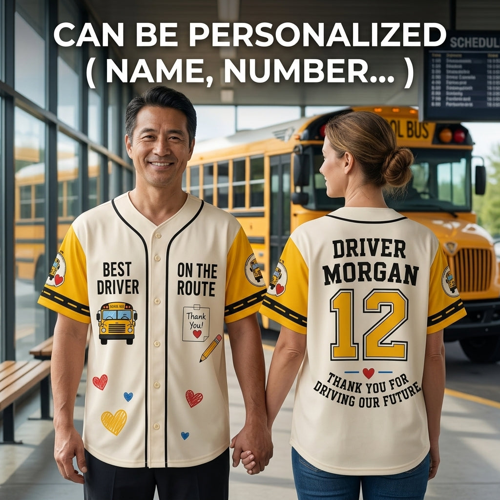 Personalized School Bus Driver Baseball Jersey - Custom Name & Number Appreciation Gift - Breathable Athletic Shirt