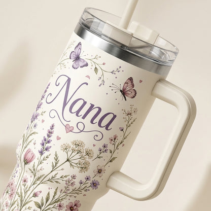 Personalized Nana's Garden 40oz Tumbler with Handle, Custom Grandkids Names Wildflower Butterfly Floral Travel Mug