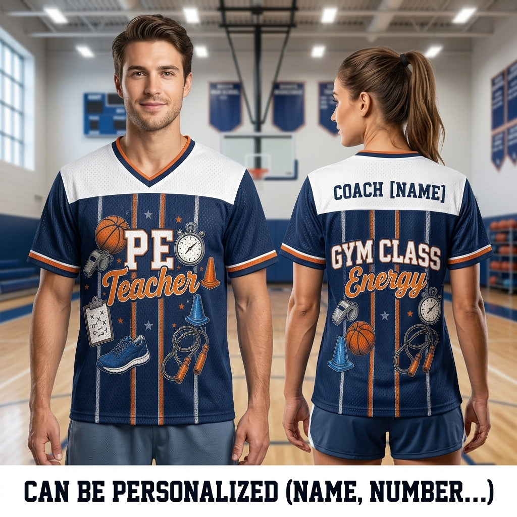 Personalized PE Teacher Football Jersey - Custom Name Coach Gym Class Energy Shirt