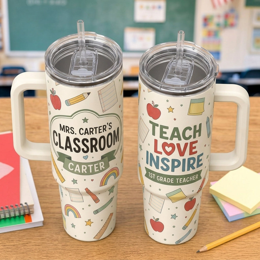 Personalized Teacher 40oz Tumbler with Handle, Custom Name Teach Love Inspire Classroom Gift