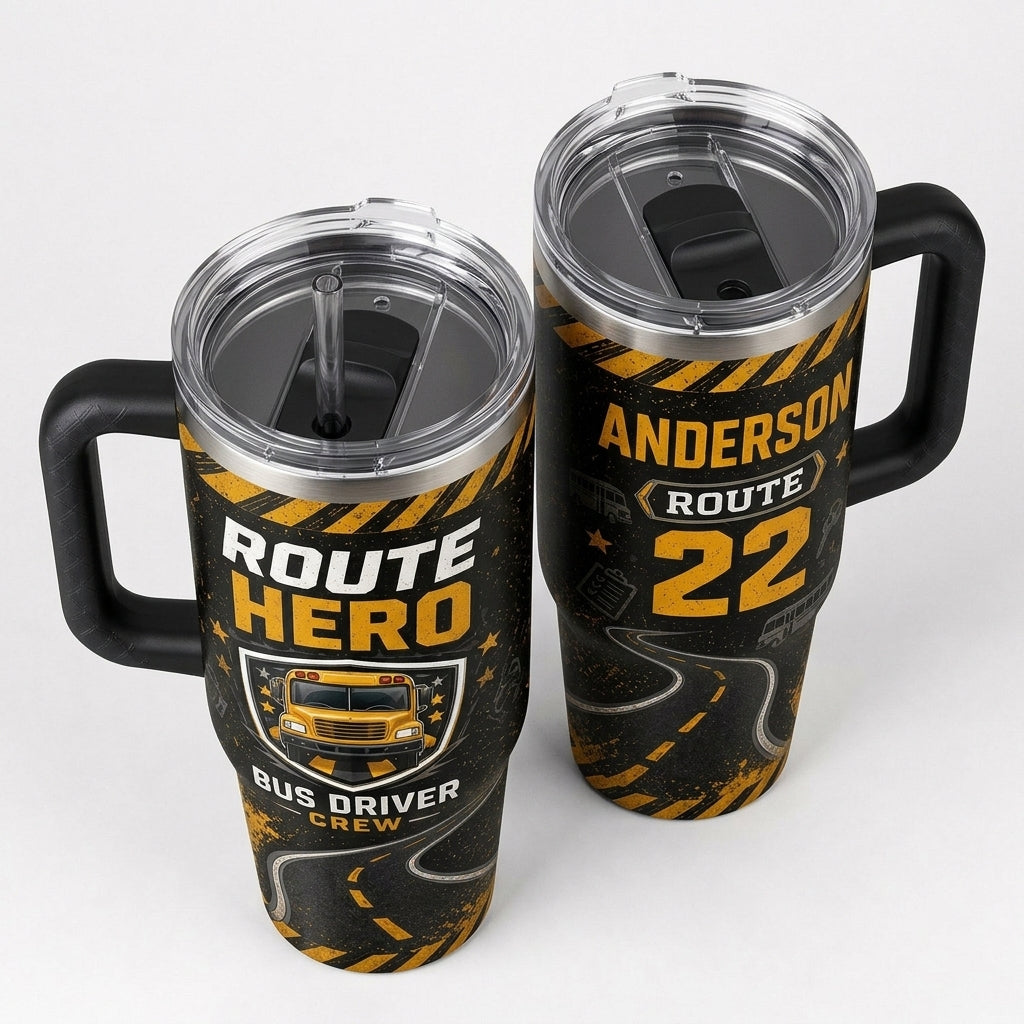 Personalized Route Hero Bus Driver 40oz Tumbler with Handle - Custom Name & Route Number Gift - 40oz tumbler mockup 5