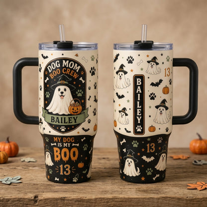 Personalized Dog Mom Boo Crew Halloween 40oz Tumbler with Handle - Custom Ghost Dog Name Travel Mug
