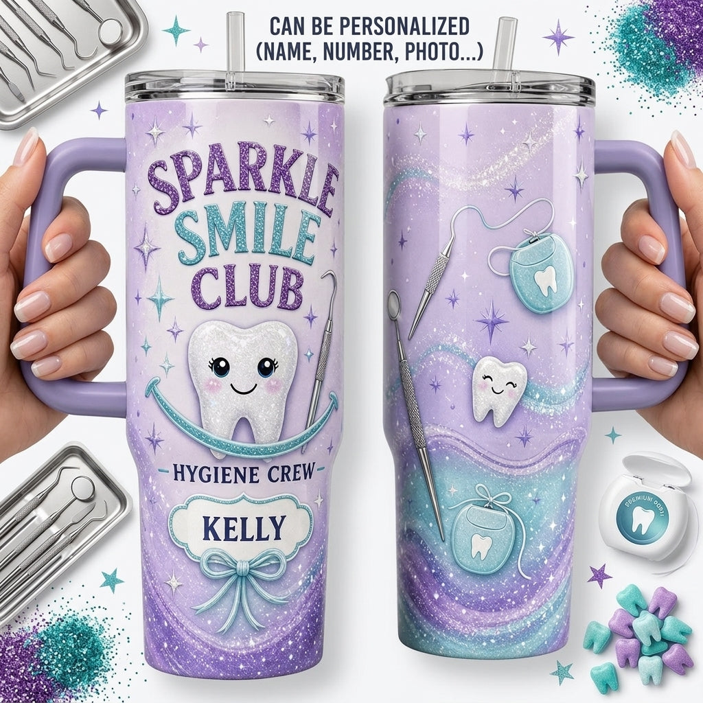 Personalized Sparkle Smile Club 40oz Tumbler with Handle - Custom Name Gift for Dental Hygiene Crew