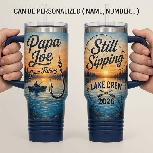 Personalized Fishing 40oz Tumbler with Handle - Custom Name Gone Fishing Lake Crew Gift for Dad and Grandpa