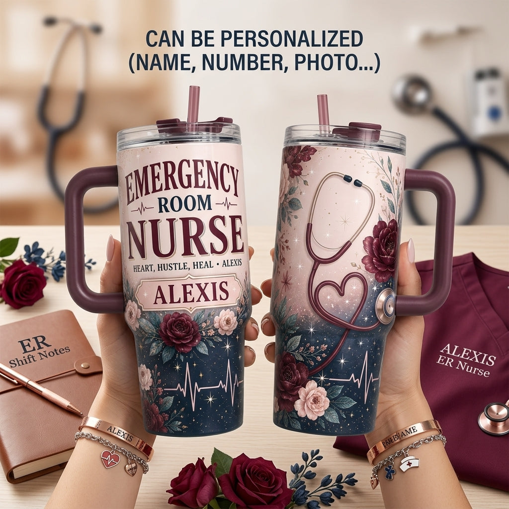 Personalized Emergency Room Nurse 40oz Tumbler with Handle - Custom Name Floral ER Nurse Gift