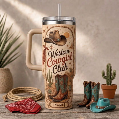 Personalized Western Cowgirl Club 40oz Tumbler with Handle - Custom Name Desert Boots & Hat Gift