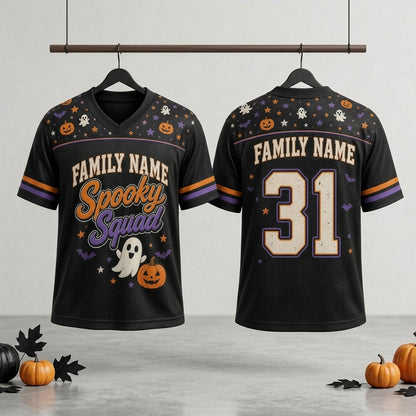 Personalized Spooky Squad Halloween Football Jersey - Custom Family Name and Number All-Over Print Mesh Jersey