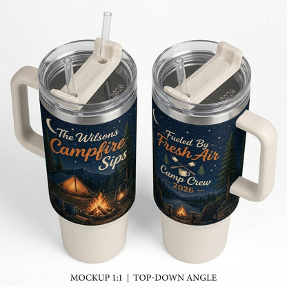 Personalized Campfire Sips 40oz Tumbler with Handle - Custom Family Name Camp Crew Gift