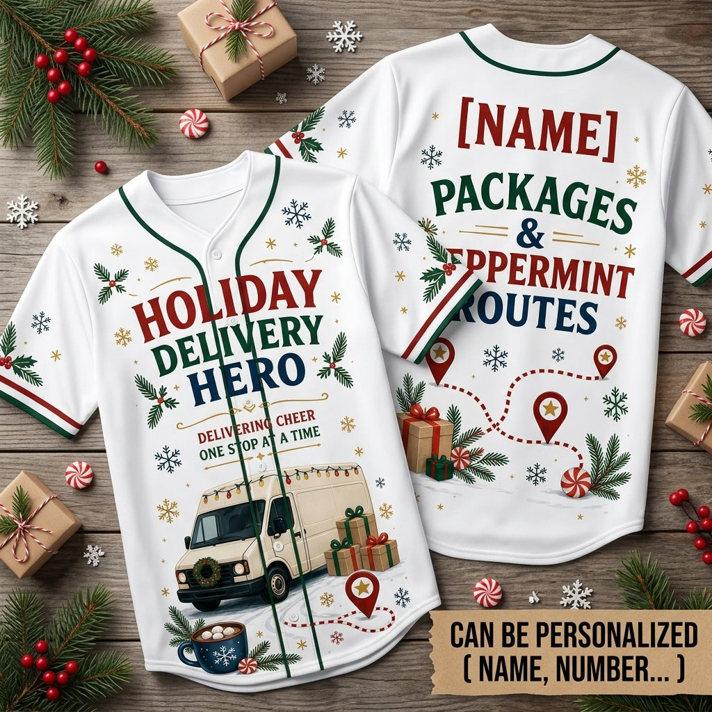 Personalized Holiday Delivery Hero Baseball Jersey - Custom Name Christmas Delivery Driver Uniform