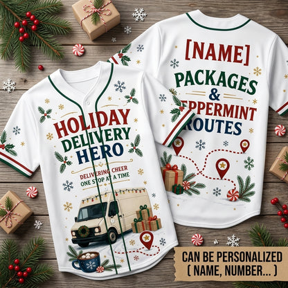Personalized Holiday Delivery Hero Baseball Jersey - Custom Name Christmas Delivery Driver Uniform