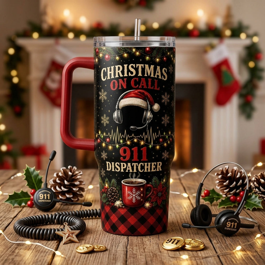 Personalized 911 Dispatcher Christmas 40oz Tumbler with Handle, Custom Name Holiday Gift