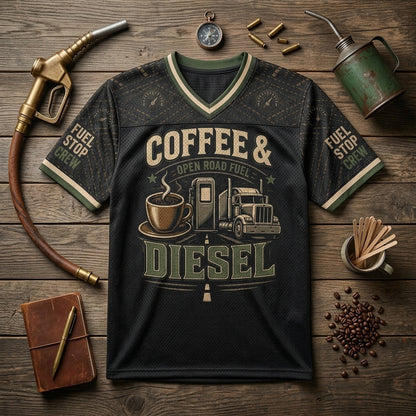 Personalized Coffee & Diesel Trucker Football Jersey - Custom Name and Number Hybrid Mesh Shirt