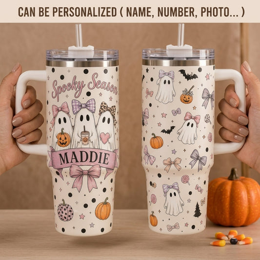 Personalized Spooky Season 40oz Tumbler with Handle - Cute Coquette Ghost & Pumpkin Custom Name Gift