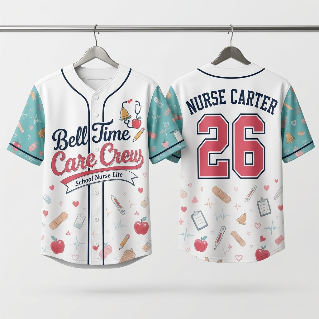 Personalized School Nurse Baseball Jersey - Custom Name Bell Time Care Crew Shirt