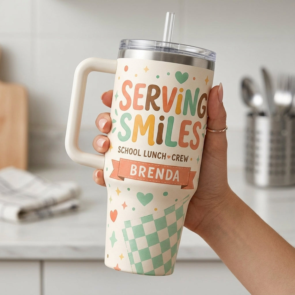 Personalized Serving Smiles School Lunch Crew 40oz Tumbler with Handle, Custom Cafeteria Worker Gift