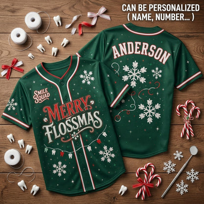 Personalized Merry Flossmas Baseball Jersey - Custom Name Dental Smile Squad Holiday Shirt for Dentists & Hygienists