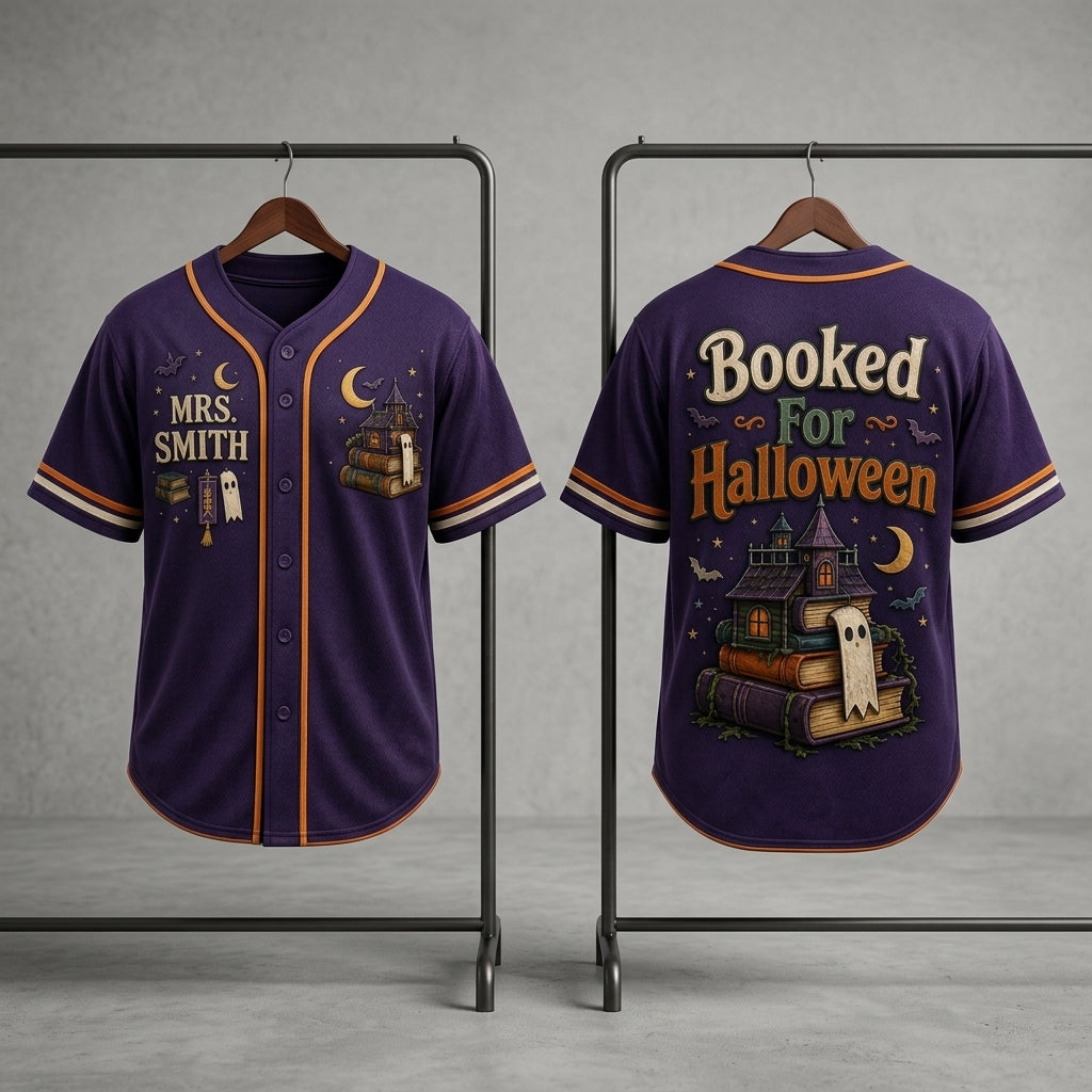 Personalized Booked For Halloween Baseball Jersey - Custom Name Spooky Bookworm Teacher Gift
