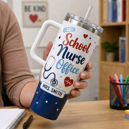 Personalized School Nurse Office 40oz Tumbler with Handle - Custom Name Travel Mug Gift