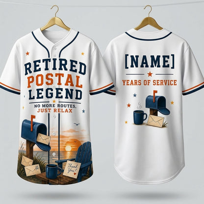 Personalized Retired Postal Legend Baseball Jersey - Custom Name & Years of Service Mail Carrier Retirement Gift