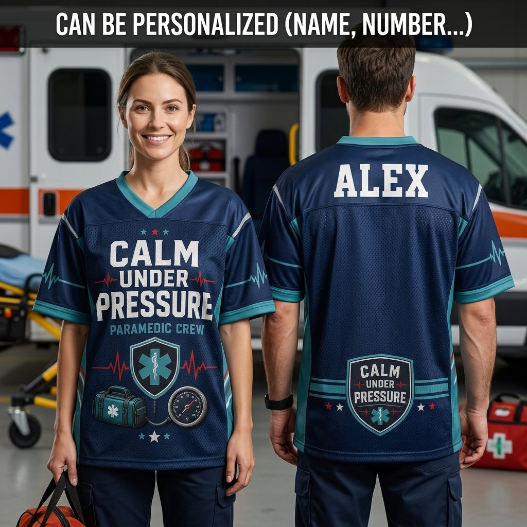 Personalized Paramedic Crew Football Jersey - Custom Name Calm Under Pressure Mesh Sportswear for EMS First Responders