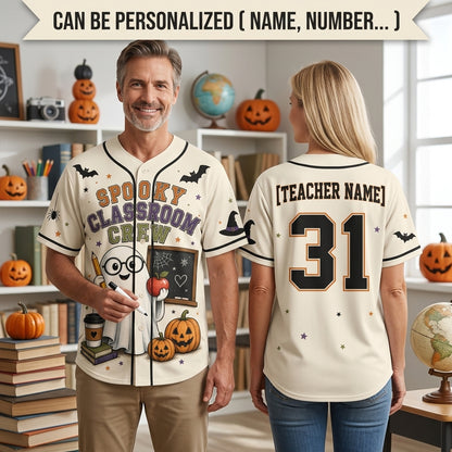 Personalized Spooky Classroom Crew Teacher Halloween Baseball Jersey - Custom Name Ghost Print Shirt