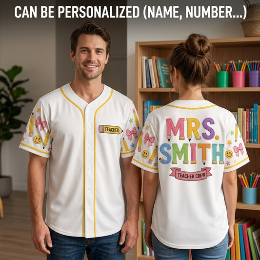 Personalized Teacher Crew Baseball Jersey - Custom Name Pencil Design School Spirit Shirt