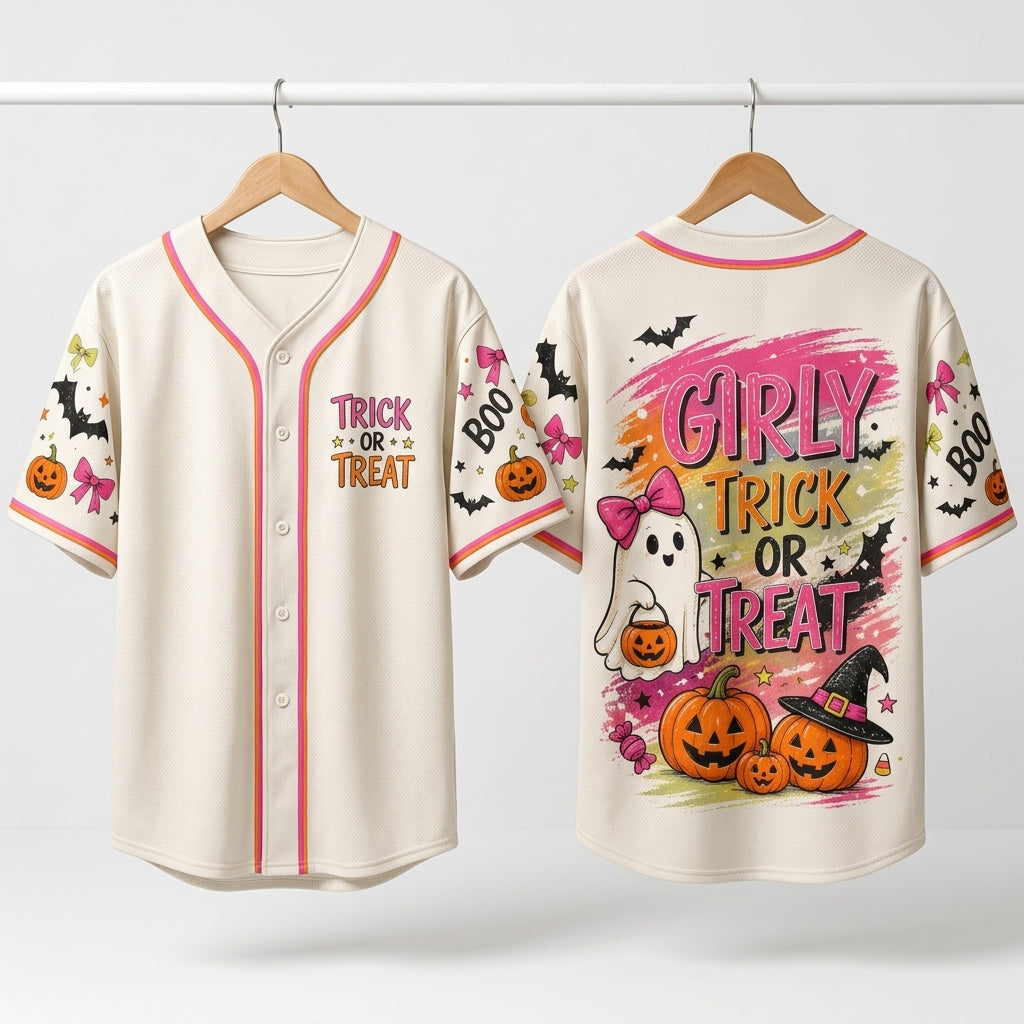 Girly Trick or Treat Halloween Baseball Jersey - Personalized Pink Ghost & Pumpkin Graphic Sport Shirt