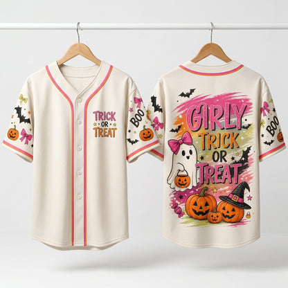Girly Trick or Treat Halloween Baseball Jersey - Personalized Pink Ghost & Pumpkin Graphic Sport Shirt