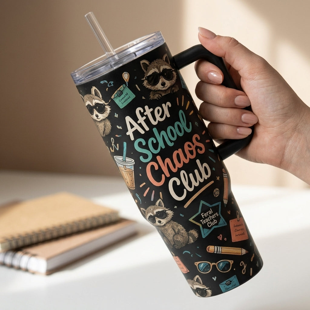 Personalized After School Chaos Club 40oz Tumbler with Handle - Custom Teacher Raccoon Gift