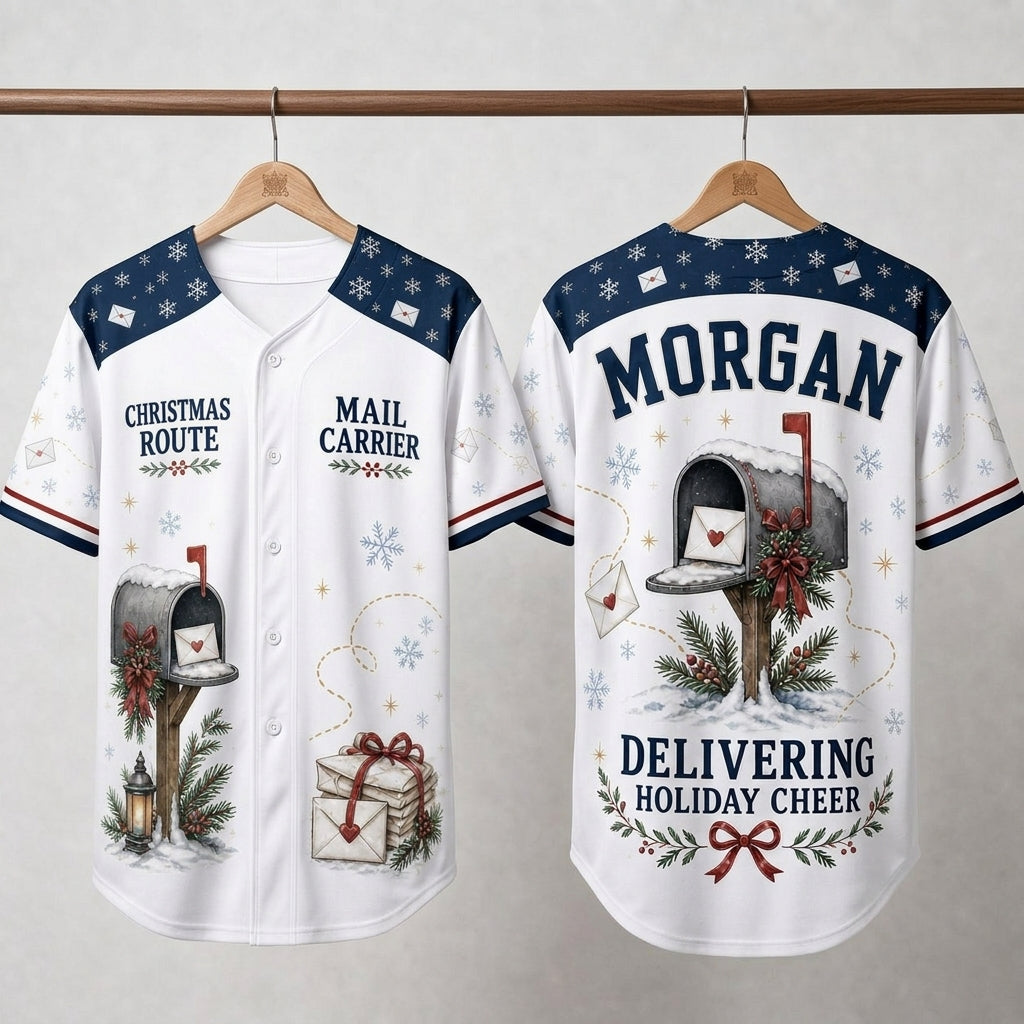 Personalized Mail Carrier Christmas Baseball Jersey - Custom Name Postal Worker Holiday Shirt