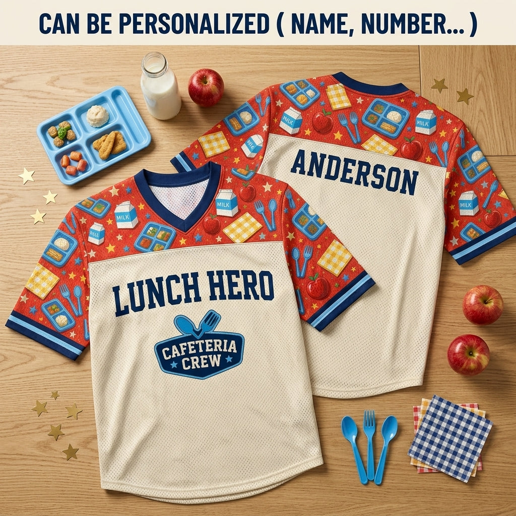 Personalized Lunch Hero Cafeteria Crew Football Jersey - Custom Name School Staff Appreciation Gift - football jersey product view 2