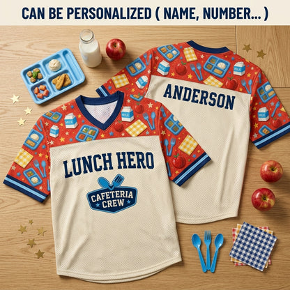 Personalized Lunch Hero Cafeteria Crew Football Jersey - Custom Name School Staff Appreciation Gift - football jersey product view 2