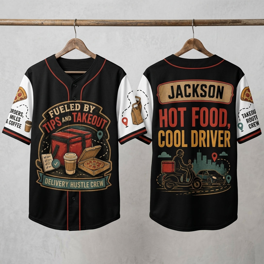 Personalized Delivery Driver Baseball Jersey - Custom Name Fueled By Tips and Takeout Courier Apparel