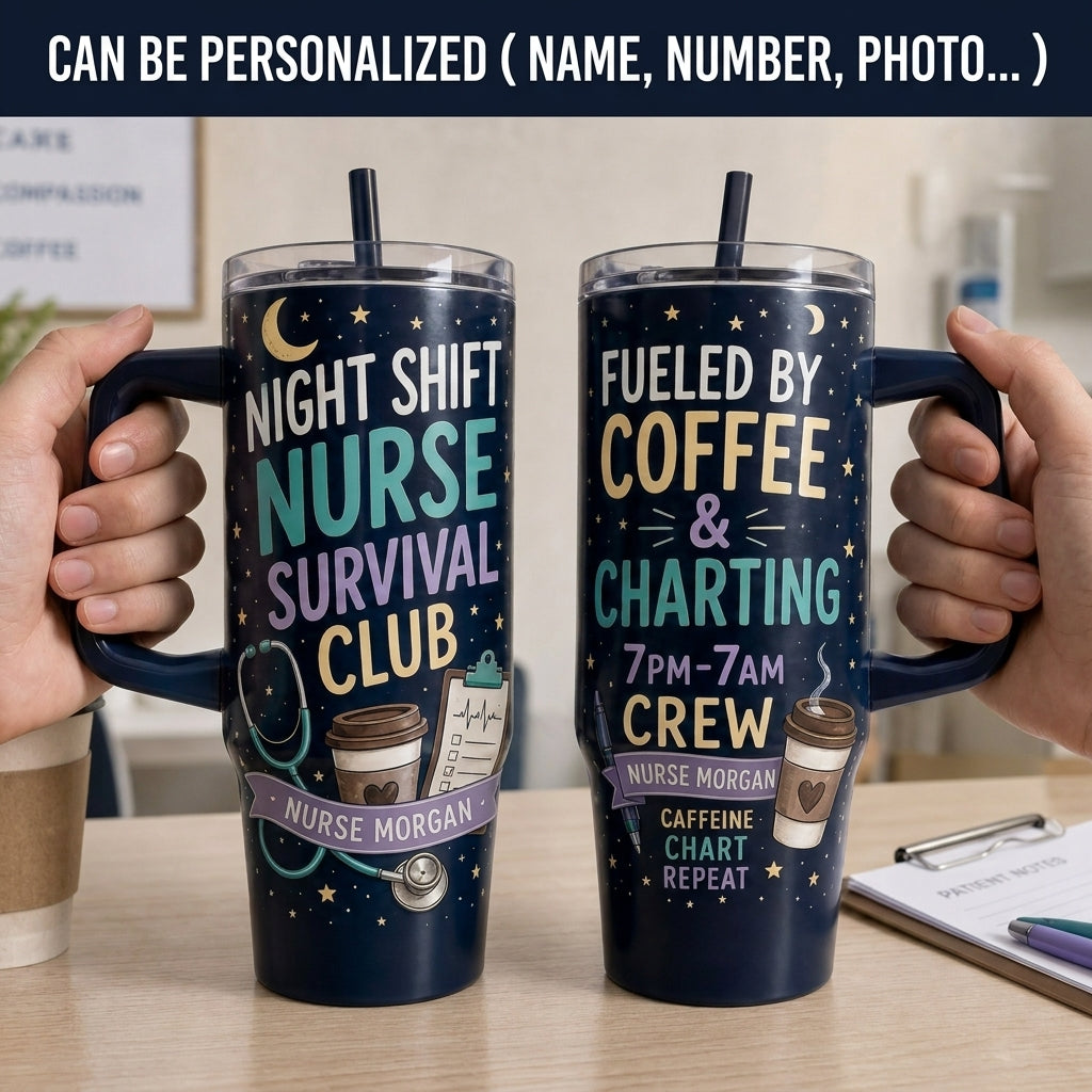Personalized Night Shift Nurse Survival Club 40oz Tumbler with Handle - Custom Name Coffee and Charting Gift