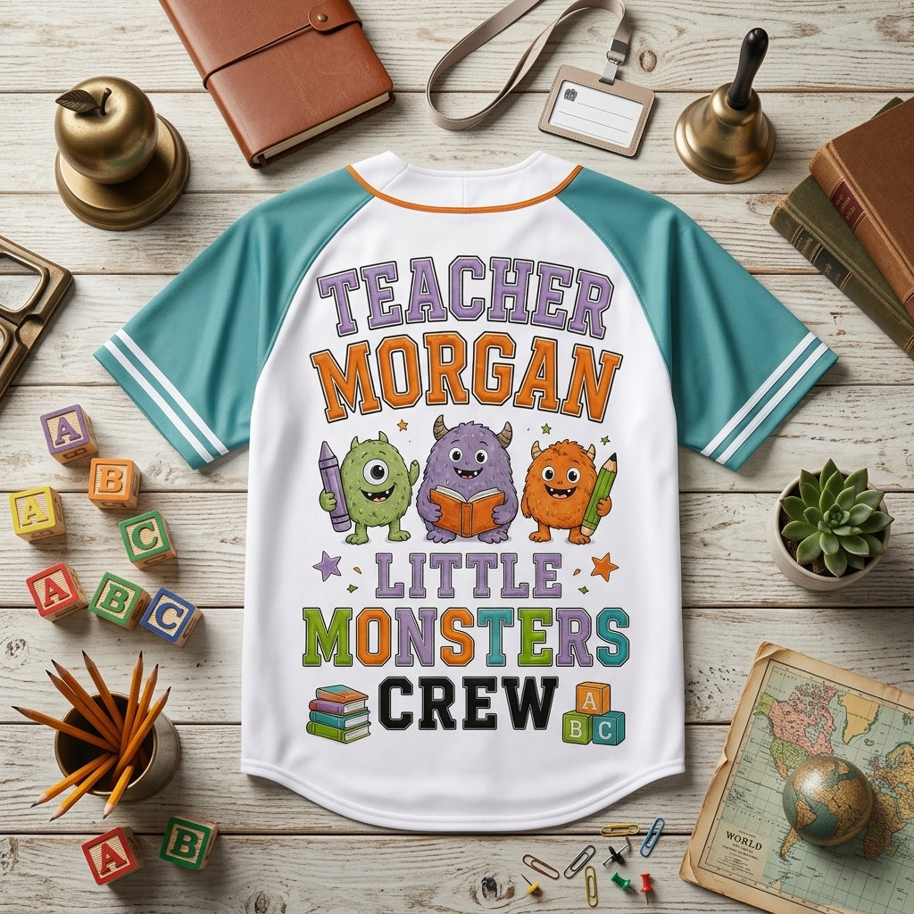 Personalized Teacher Little Monsters Crew Baseball Jersey - Custom Name Back to School First Day Boo Crew Shirt