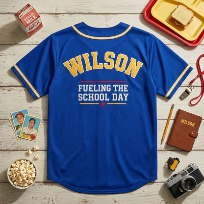 Personalized Snack Squad Baseball Jersey - Custom Name School Cafeteria Worker Gift - Fueling The School Day Blue Jersey