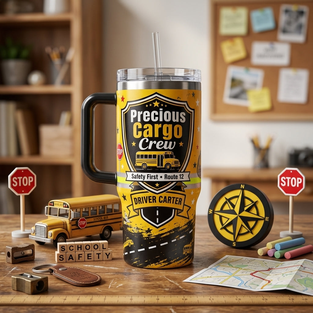 Personalized Precious Cargo Crew School Bus Driver 40oz Tumbler with Handle - Custom Name and Route Gift