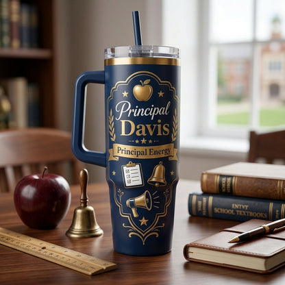 Personalized Principal Gift 40oz Tumbler with Handle - Custom Name School Leader Navy & Gold Travel Mug