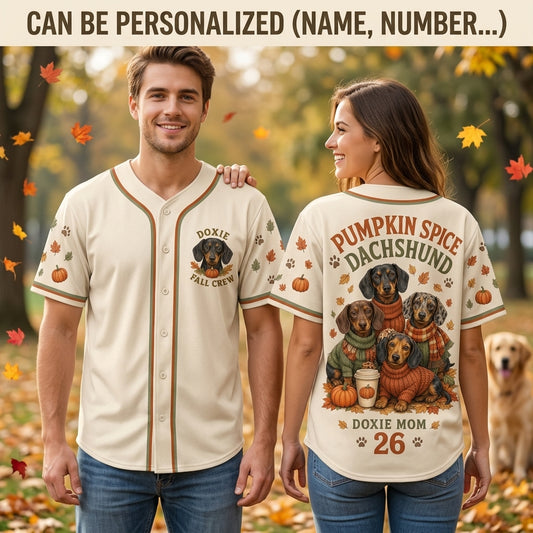 Personalized Pumpkin Spice Dachshund Baseball Jersey - Custom Doxie Mom Fall Name and Number Jersey