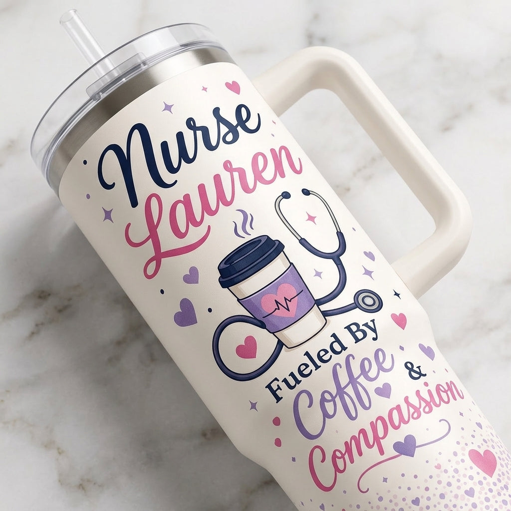 Personalized Nurse Life 40oz Tumbler with Handle, Custom Name Coffee and Compassion Gift for Nursing Students
