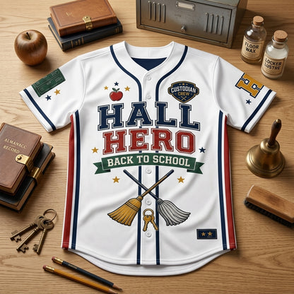 Personalized Hall Hero Custodian Baseball Jersey - Custom Name Back to School Gift for Janitors