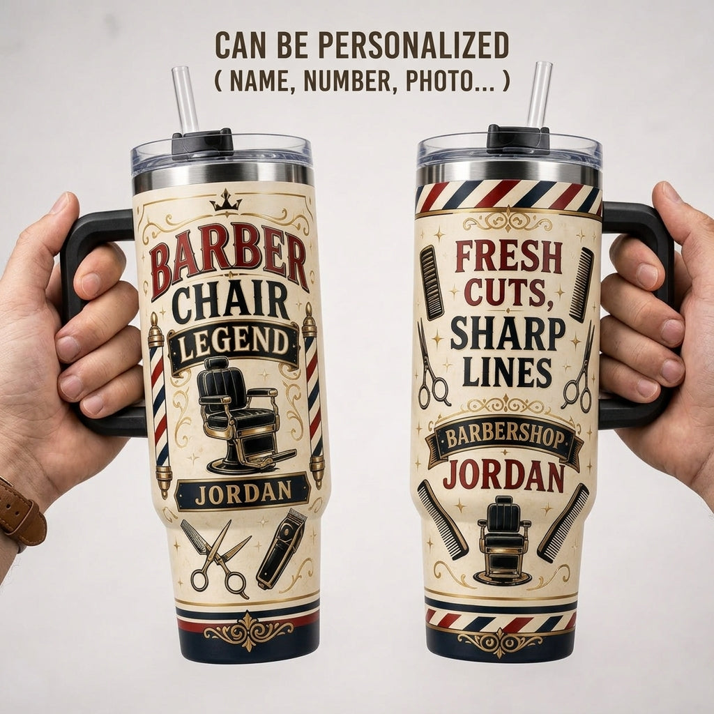Personalized Barber Chair Legend 40oz Tumbler with Handle - Custom Name Barbershop Gift