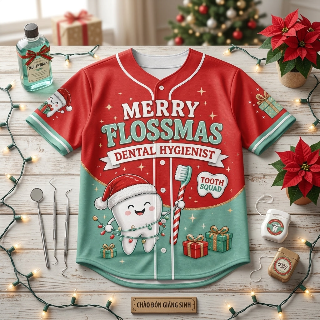 Personalized Merry Flossmas Dental Hygienist Baseball Jersey - Custom Name Christmas Tooth Squad Shirt