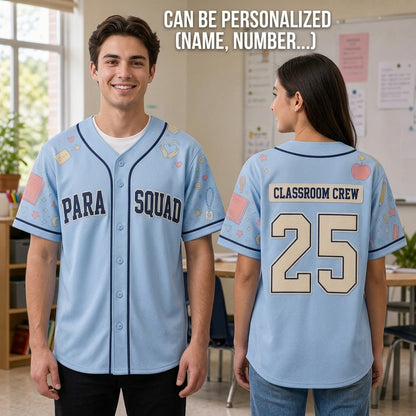 Personalized Para Squad Baseball Jersey - Custom Classroom Crew School Staff Shirt - Light Blue Teacher Spirit Wear