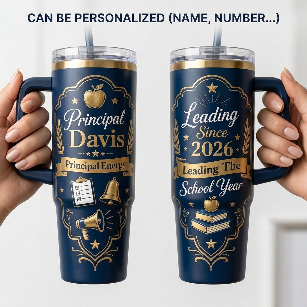 Personalized Principal Gift 40oz Tumbler with Handle - Custom Name School Leader Navy & Gold Travel Mug