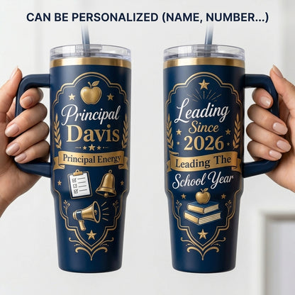 Personalized Principal Gift 40oz Tumbler with Handle - Custom Name School Leader Navy & Gold Travel Mug
