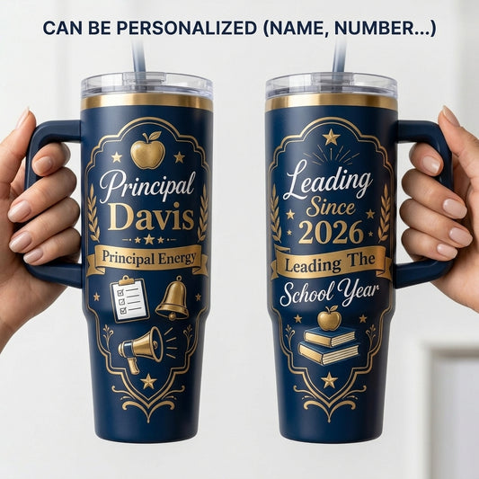 Personalized Principal Gift 40oz Tumbler with Handle - Custom Name School Leader Navy & Gold Travel Mug